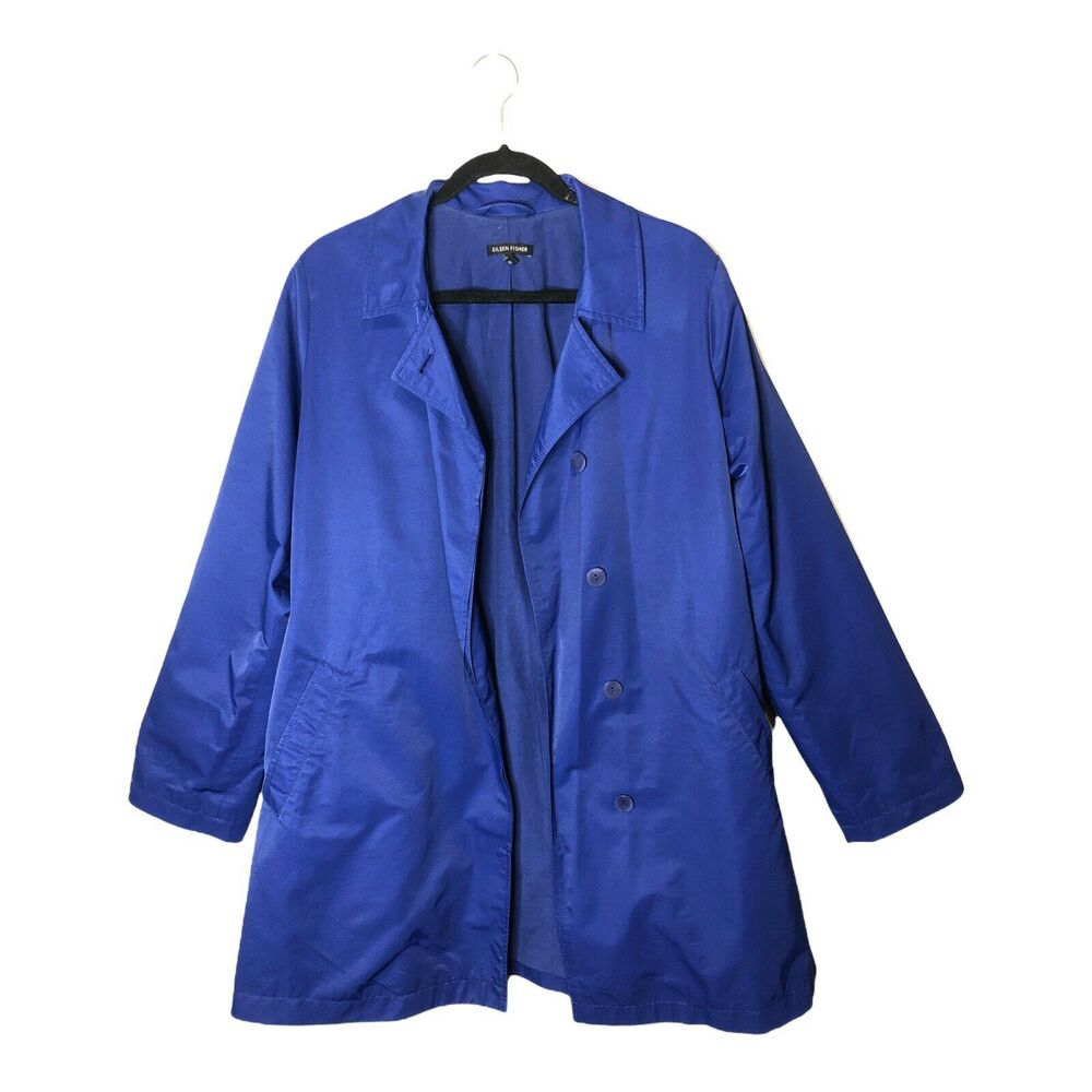 Eileen Fisher Rain Trench Coat Blue Notched Collar Button Down Sz Medium